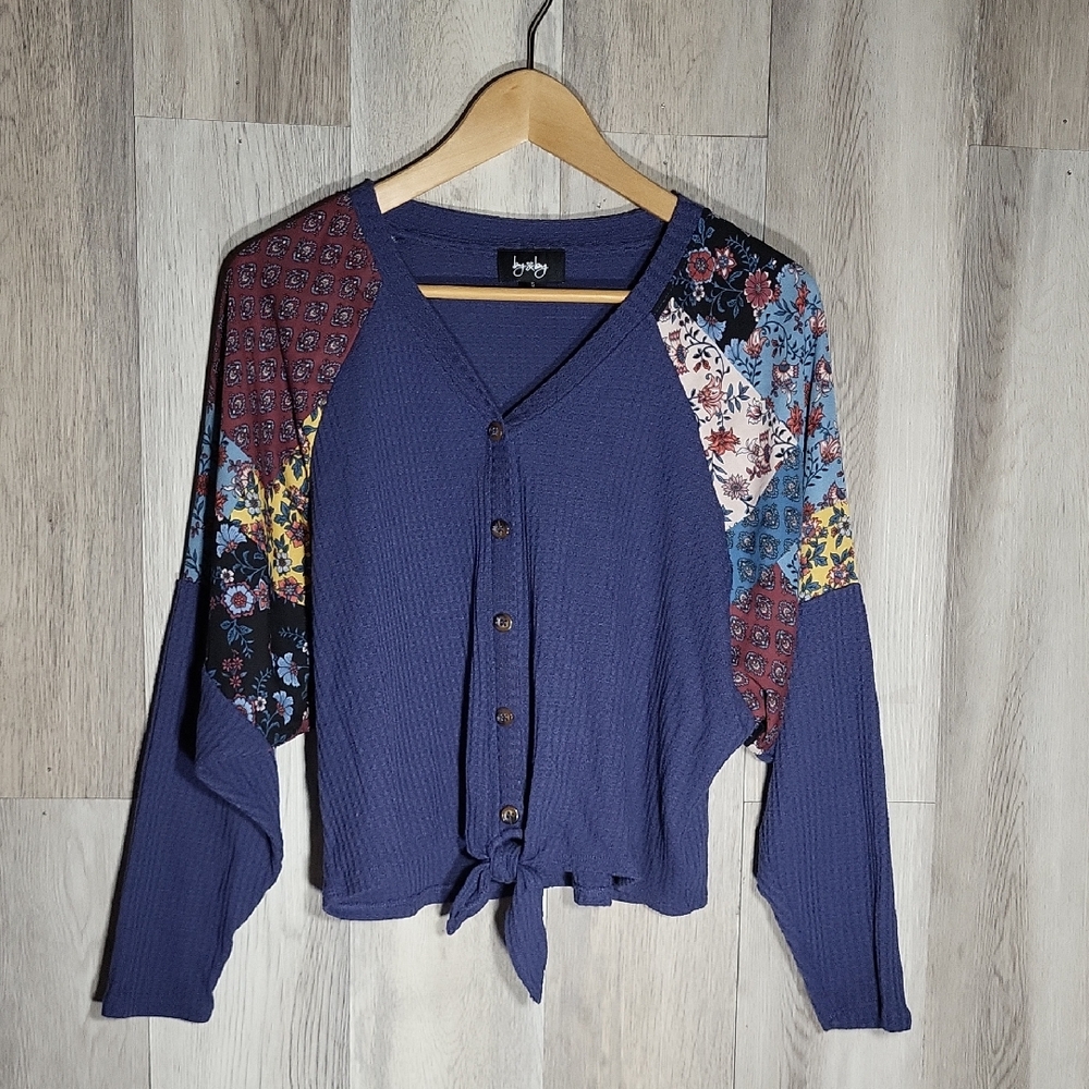 By And By Womens S Patchwork Sleeve Blouse‎ Faux Button Toe Front V Neck Boho